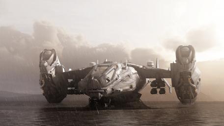 Futuristic Hovercraft on Stormy Shore wallpaper