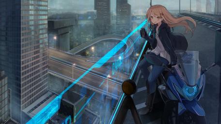 Futuristic Biker Girl Overlooking Cybernetic Cityscape wallpaper