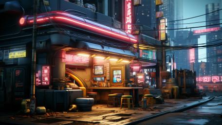 Neon Soaked Cyberpunk Streetscape wallpaper