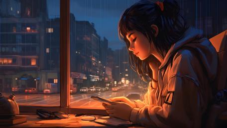 Rainy Night Serenity with Anime Girl wallpaper
