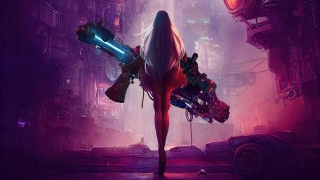 Futuristic Warrior Girl in Dystopian Cityscape wallpaper