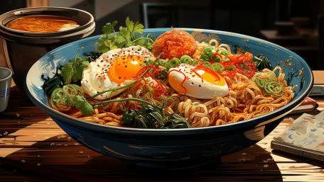 Savory Ramen Delight in Artistic Bowl wallpaper