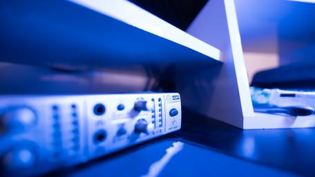 Modern Music Production Setup in Blue wallpaper