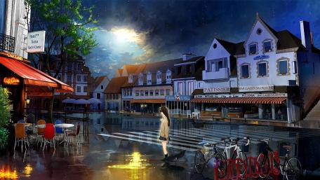 Rain-Soaked Anime Streetscape at Night wallpaper
