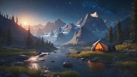 Twilight Serenity by the Mountain River wallpaper