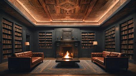 Cozy Library Retreat with Warm Fireplace wallpaper