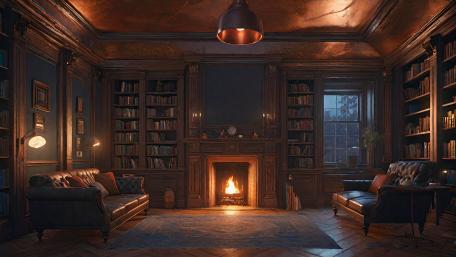 Cozy Library Hearth in Twilight Glow wallpaper