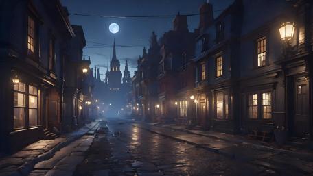 Moonlit Serenity in the Urban Fantasy Town wallpaper