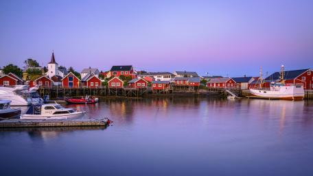 Tranquil Dawn at Reine Fishing Village wallpaper