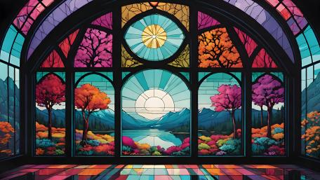 Mystic Sunset Through Stained Glass wallpaper