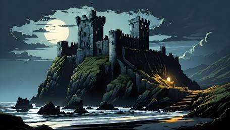Moonlit Medieval Fortress Amidst Rugged Cliffs wallpaper