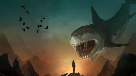 Giant Shark Encounter in Dystopian Sunset wallpaper