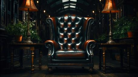 Elegant Vintage Leather Armchair in Grand Library wallpaper