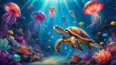 Underwater Serenity with Sea Turtle and Jellyfish wallpaper