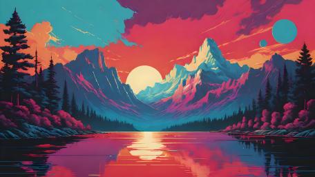 Neon Mountain Sunset Dreamscape wallpaper