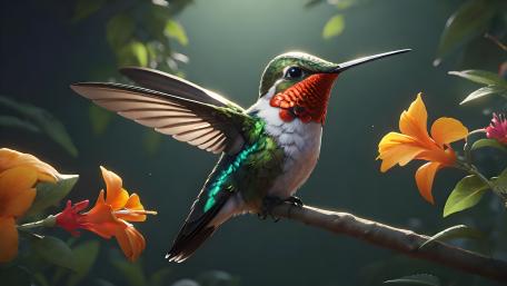 Vibrant Hummingbird Amidst Tropical Blooms wallpaper