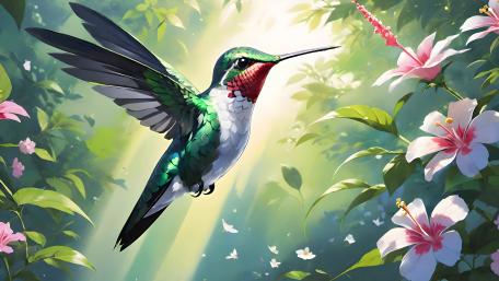 Vibrant Hummingbird Amidst Blossoming Flowers wallpaper