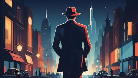 Mysterious Stranger in Retro Futuristic City wallpaper