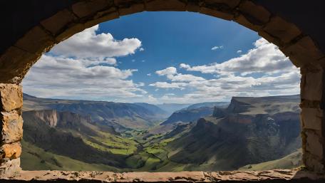 Stone Arch View of Tranquil Valley Vista wallpaper