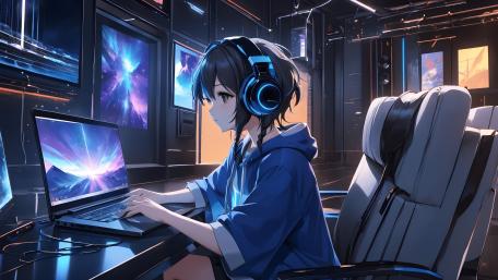 Futuristic Lofi Gamer Girl in Neon Bliss wallpaper
