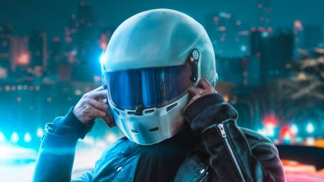 Futuristic Motorcycle Helmet in Neon City wallpaper