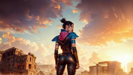 Warrior Woman Gazing at Dystopian Horizon wallpaper