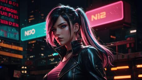 Mysterious Cyberpunk Maiden Illuminated by Neon wallpaper