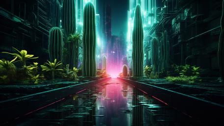 Neon Oasis Amongst Sci-Fi Ruins wallpaper