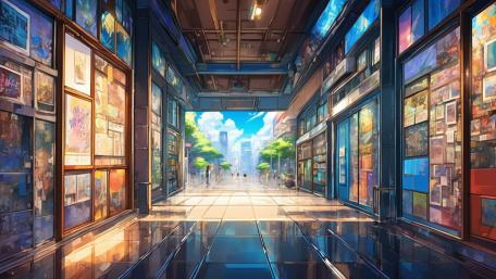 Anime Museum Hallway Bathed in Sunlight wallpaper