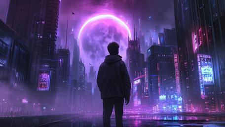 Futuristic Gaze into Neon Lit Cityscape wallpaper