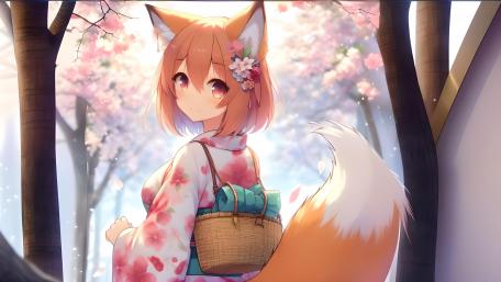 Fox Girl in Blooming Sakura Wonderland wallpaper