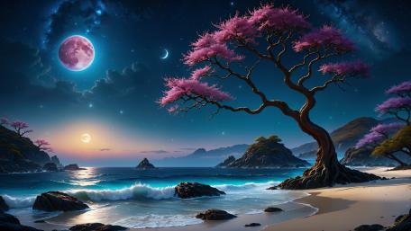 Mystical Moonlit Beach with Pink Foliage wallpaper