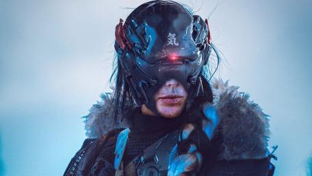 Cybernetic Visionary in a Futuristic Landscape wallpaper