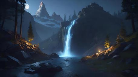 Moonlit Waterfall Sanctuary wallpaper
