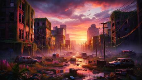 Sunset in derelict city wallpaper
