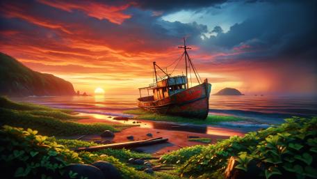 Stranded Vessel at Sunset Shore wallpaper