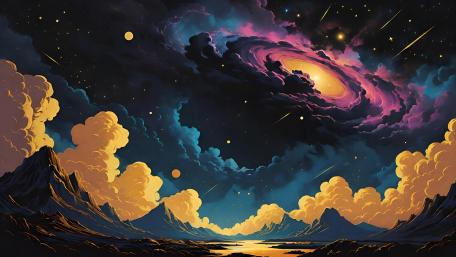 Cosmic Swirl Over Golden Mountains wallpaper