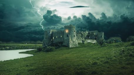 Mystical Ruins Under Stormy Skies wallpaper