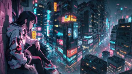 Anime Girl Contemplating in a Neon-Lit City wallpaper