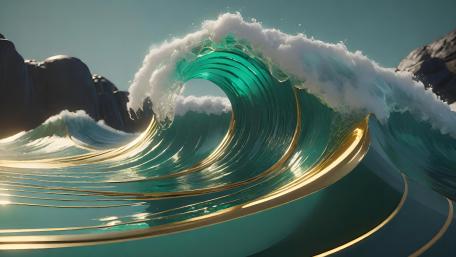 Turquoise Seascape with Golden Swirls wallpaper