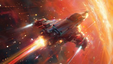 Starship Soaring Through Cosmic Blaze wallpaper