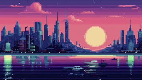 8-Bit City Sunset Reflection wallpaper