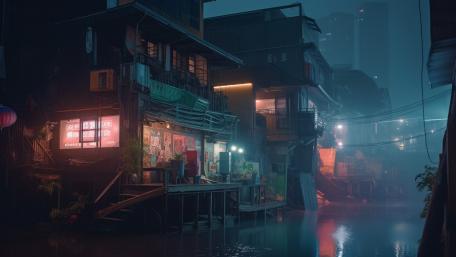 Drenched Cyberpunk Alleyway wallpaper