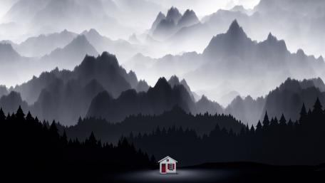 Monochrome Cabin in Mystical Peaks wallpaper