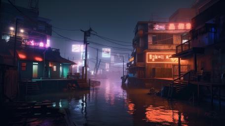 Flooded Neon Favela at Night wallpaper
