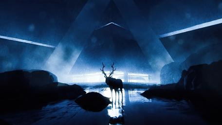 Mystical Reindeer Under Neon Triangles wallpaper