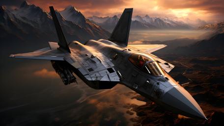Majestic Fighter Jet Soaring Over Rugged Peaks wallpaper