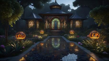 Enchanted Pavilion Amidst Moonlit Blooms wallpaper