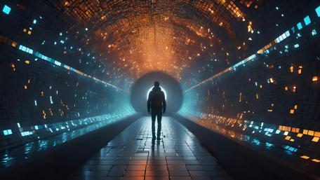 Lone Traveler in a Luminous Corridor wallpaper