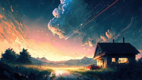 Twilight Dreamscape with Shooting Stars wallpaper